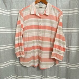 VAN HEUSEN / Peach and White Striped 3/4 Sleeve Button Down Blouse Size XL